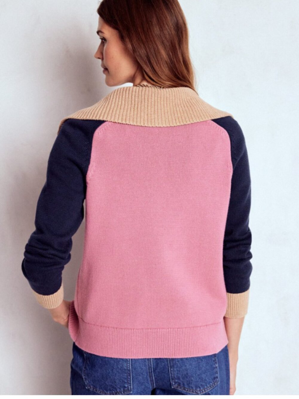 Boden Lucy Half Zip Sweater (Pink Heather, Navy) Size S - Picture 2 of 8